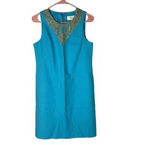 Eliza J Linen Blend Turquoise Blue and Gold Dress Shift Dress Women's  Size 4